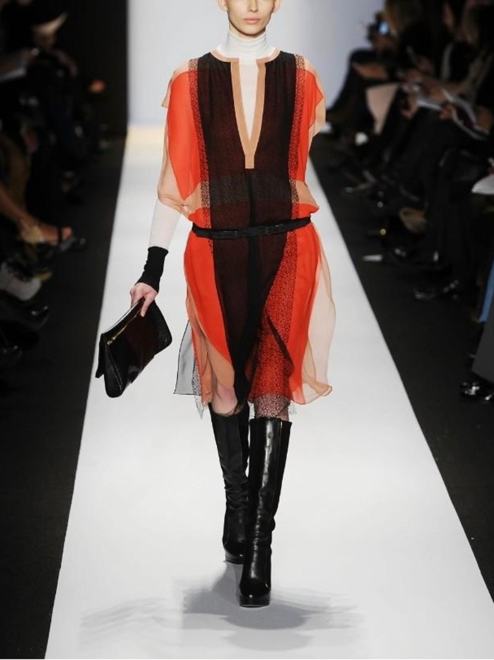BCBGMaxAzria Red, Black and Cream Sheer Colorblock Midi Dress